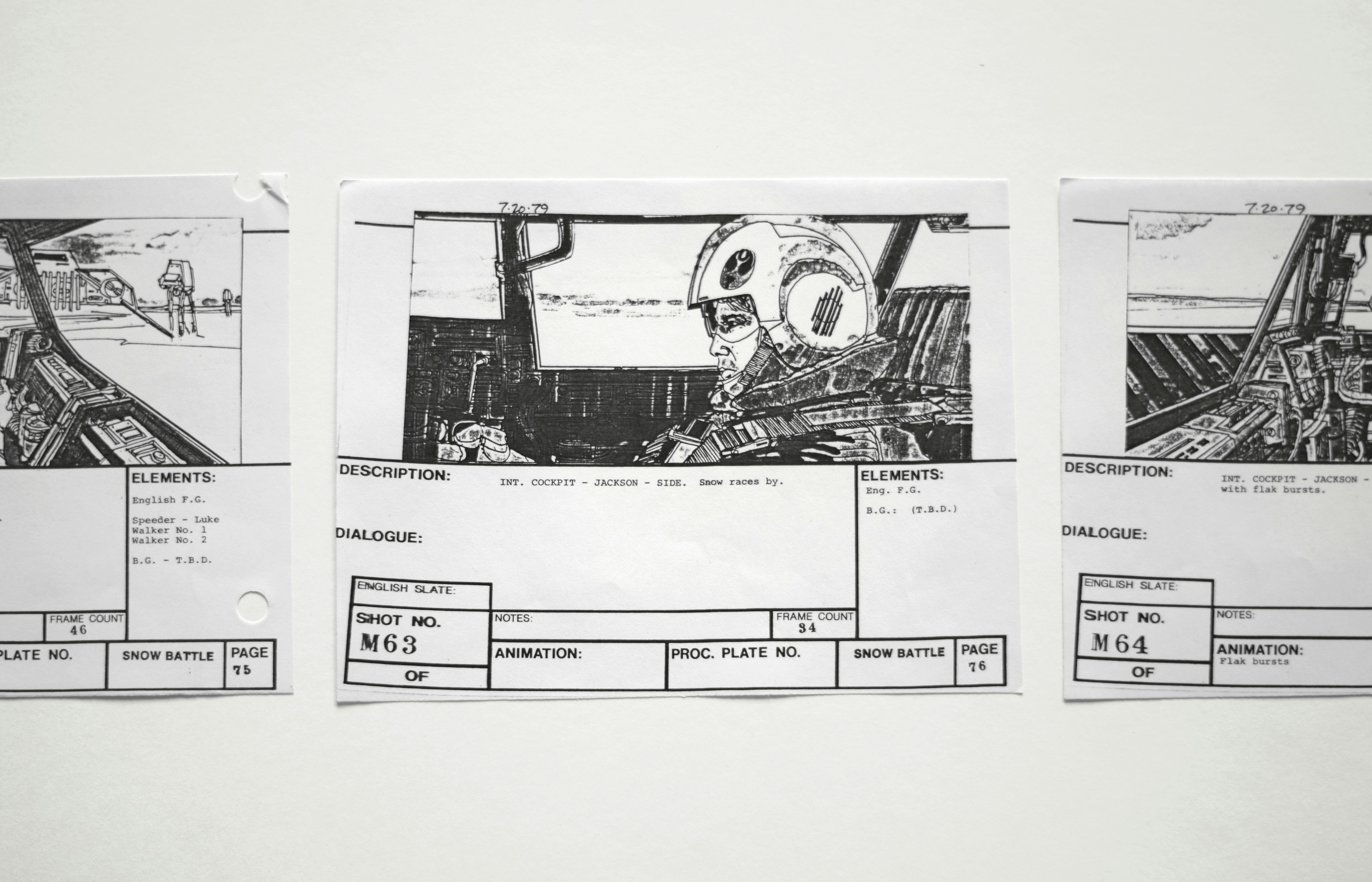 Production storyboard frames from a snow battle scene with shot numbers M63 and M64